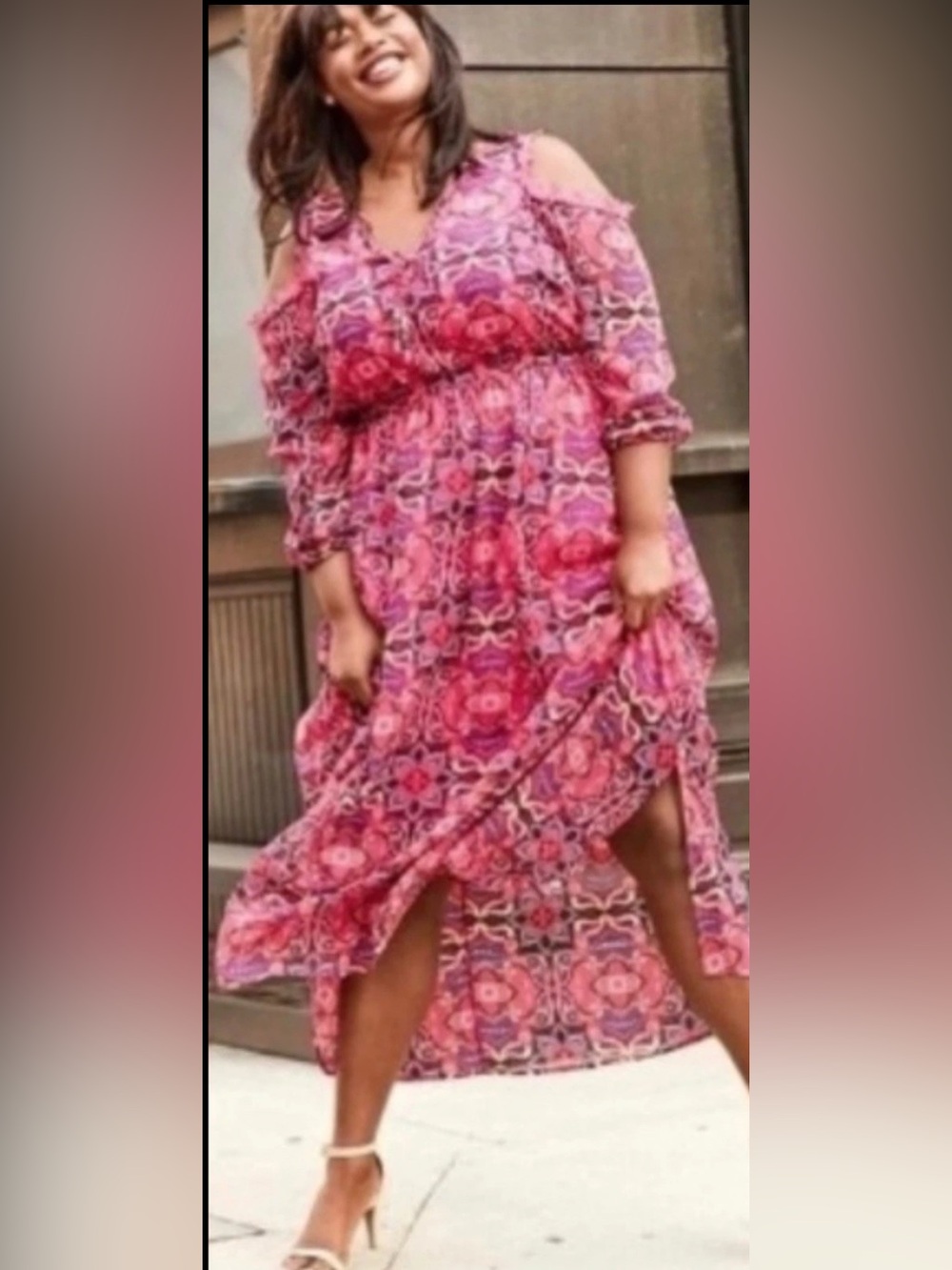 Lane Bryant Pink Multi Floral Cold Shoulder Bohemian Chiffon Maxi Dress Size 16P
